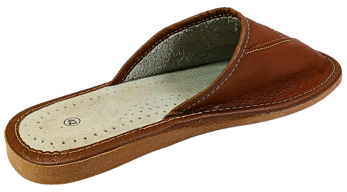 Side profile view of men's tan brown closed-toe leather mule slipper showing smooth heel collar and cream leather insole — The Leather Gift Co