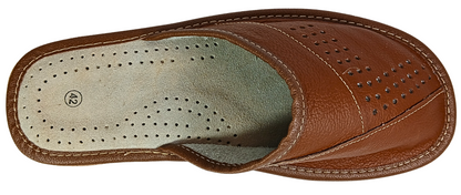 Sole view of men's tan brown leather closed-toe slipper showing diamond-grid rubber outsole and hand-stitched perimeter — The Leather Gift Co