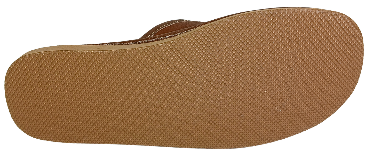 A close-up view of a brown textured sole, for closed toe tan leather slippers for men, shown against a plain white background.