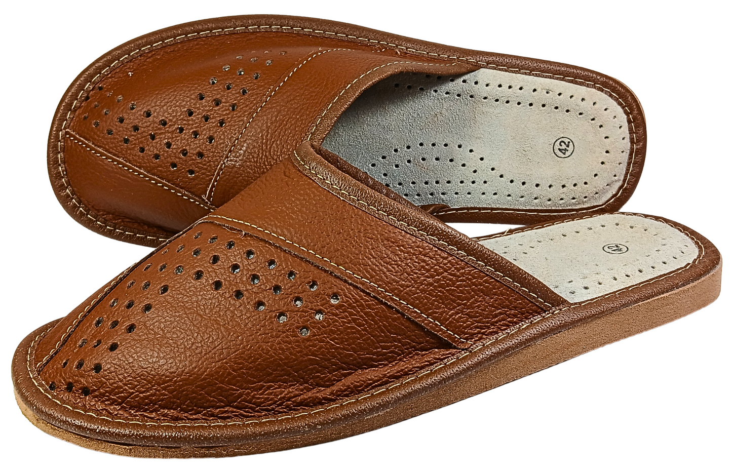 Three-quarter front view of men's tan brown closed-toe leather slipper with perforated vamp and cream leather insole — The Leather Gift Co