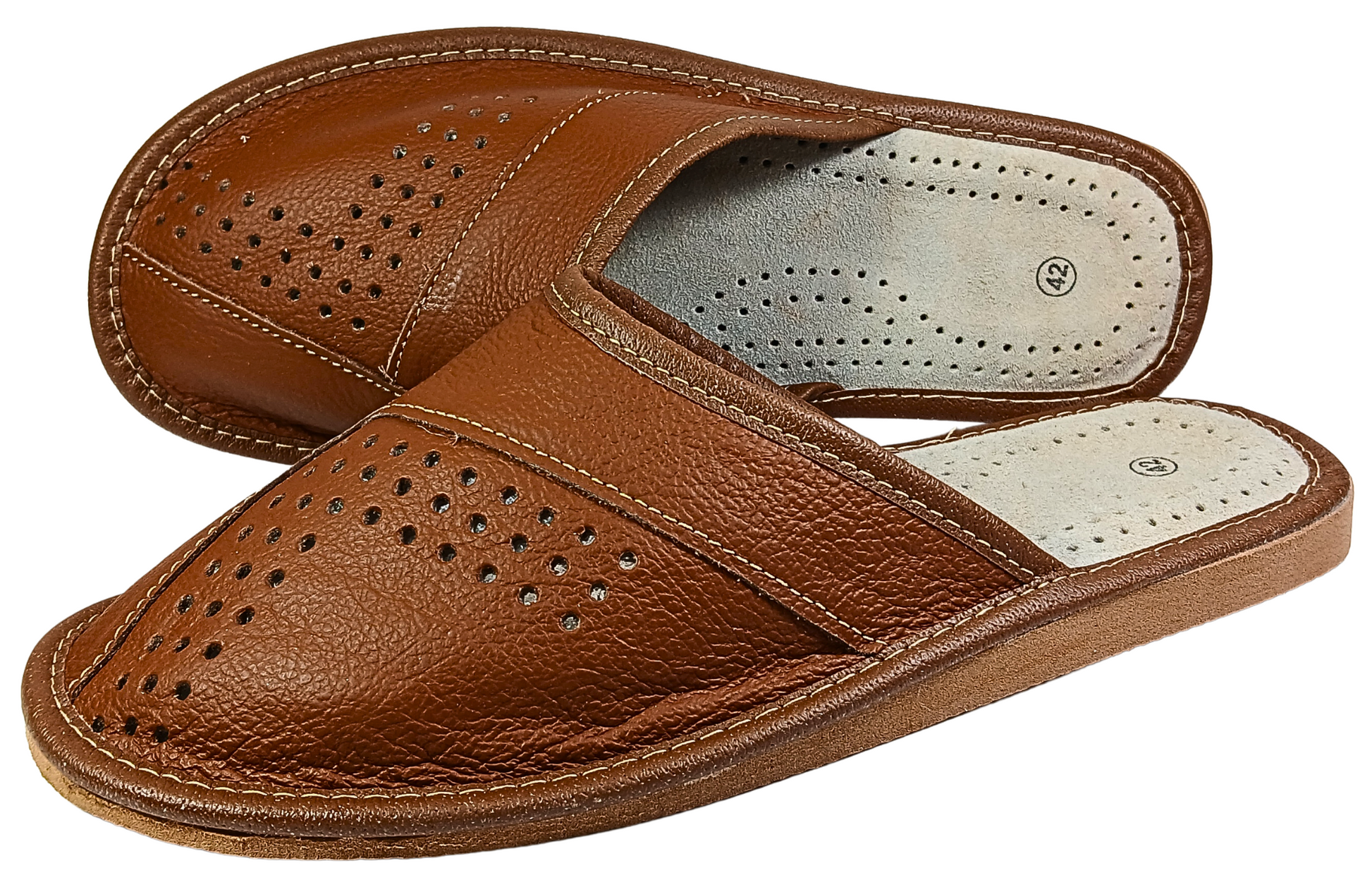 Three-quarter front view of men's tan brown closed-toe leather slipper with perforated vamp and cream leather insole — The Leather Gift Co