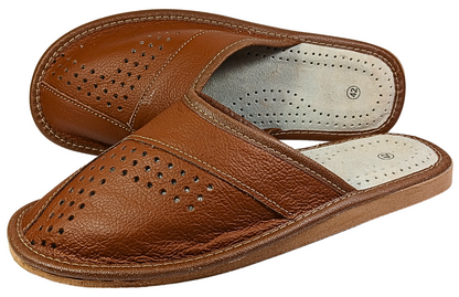 Three-quarter front view of men's tan brown closed-toe leather slipper with perforated vamp and cream leather insole — The Leather Gift Co