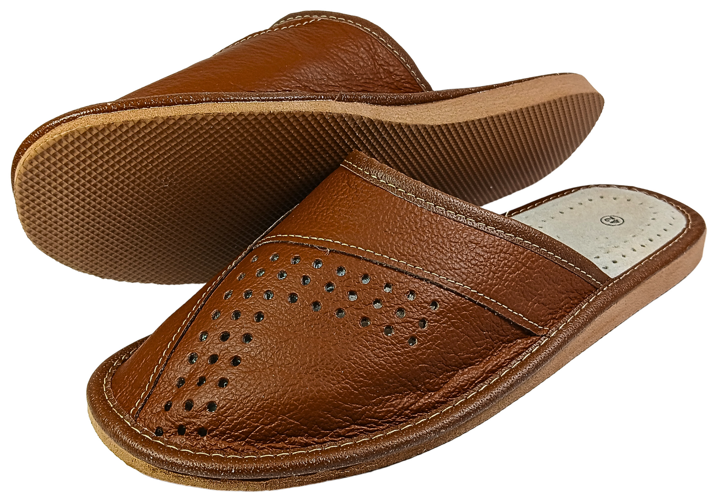 Three-quarter rear view of men's tan brown closed-toe leather mule slipper showing heel opening and tan rubber outsole — The Leather Gift Co
