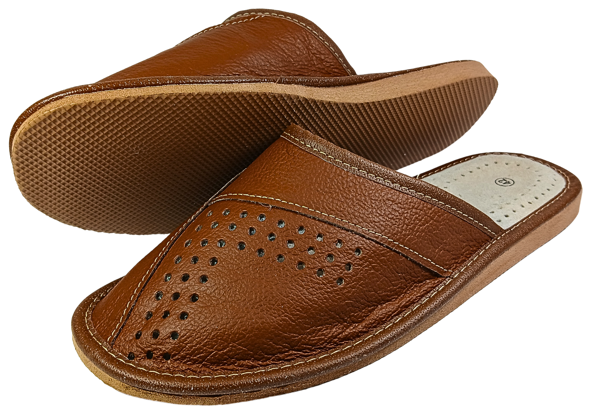 Three-quarter rear view of men's tan brown closed-toe leather mule slipper showing heel opening and tan rubber outsole — The Leather Gift Co