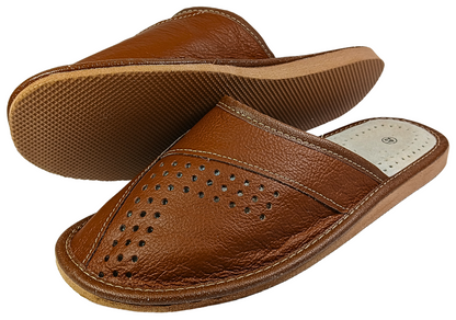 Three-quarter rear view of men's tan brown closed-toe leather mule slipper showing heel opening and tan rubber outsole — The Leather Gift Co