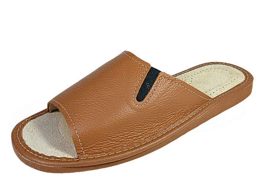 Men's brown soft leather barefoot sandals, open toe indoor slides, handmade in Poland - The Leather Gift Co