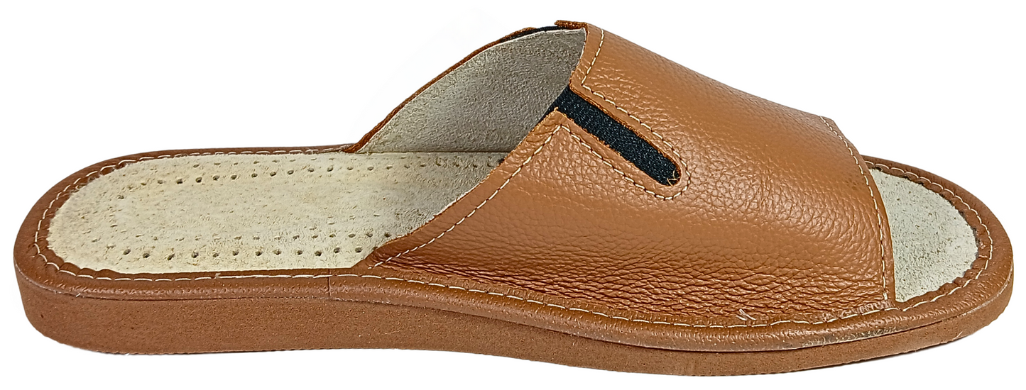 Men's soft leather open toe indoor slides in brown, traction rubber sole - The Leather Gift Co