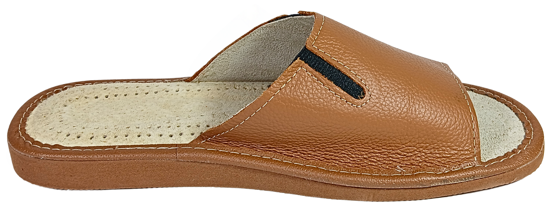 Men's soft leather open toe indoor slides in brown, traction rubber sole - The Leather Gift Co