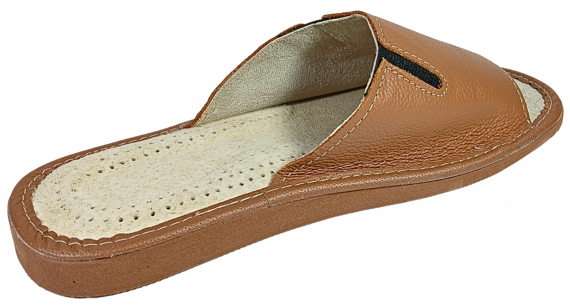 Close-up of cushioned sheepskin footbed in men's brown soft leather slides - The Leather Gift Co