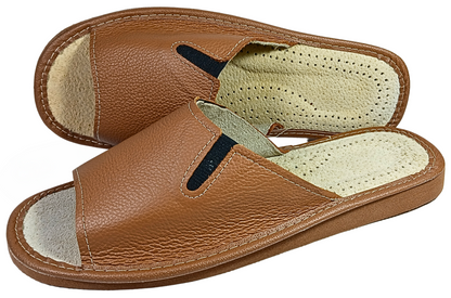 Men's brown leather barefoot house sandals, open toe slip-on mule style - The Leather Gift Co