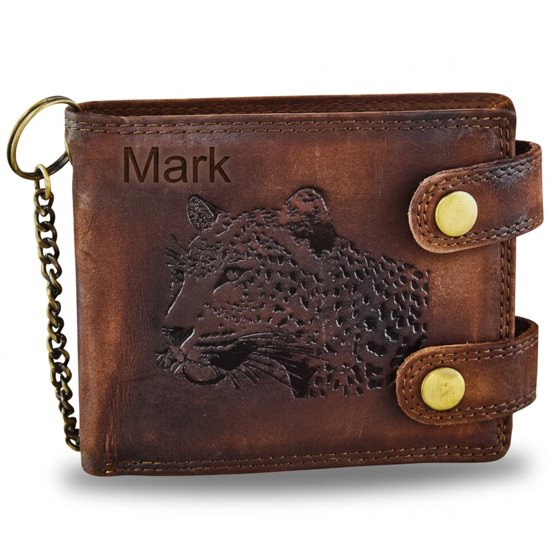 Personalized Brown loop closure leather wallet with leopard embossing and 'Mark' engraving
