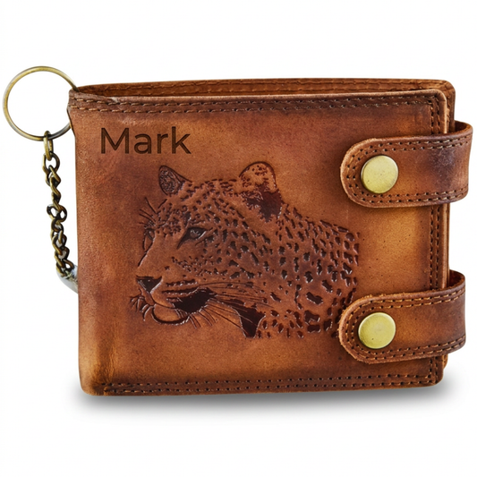 Personalized biker leather wallet for men with leopard engraving and 'Mark' engraving